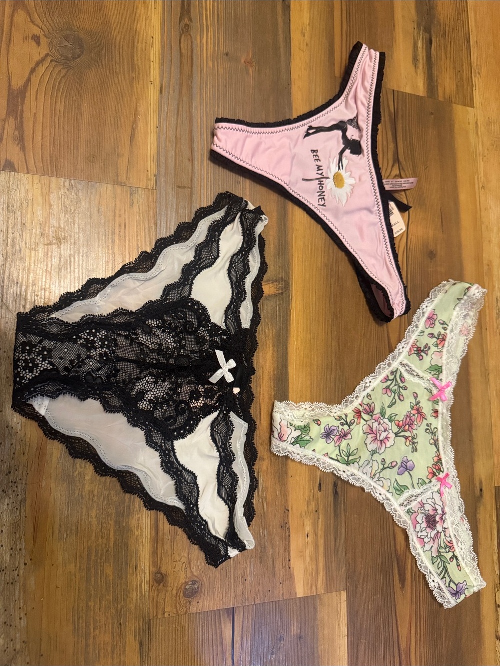 Victoria's Secret Pink, Black & Floral Thong Trio